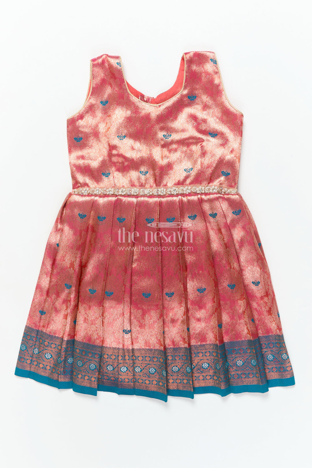 The Nesavu Silk Frock Baby Girl Traditional Silk Frock with Zari Border for Festive Photoshoots and Functions Nesavu 20 (3Y) / Red SF1087A-20 Nesavu baby girl semi Banaras silk frock with zari border for festivals and family gatherings