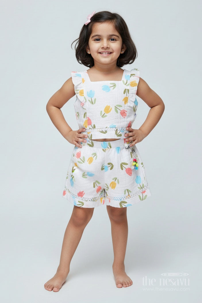 The Nesavu Baby Casual Sets Baby Girl Tulip Print Muslin Set for Sunny Day Outings Nesavu 16 (1Y) / White BFJ848B-16 Nesavu Baby Girl Tulip Print Muslin Outfit Soft Cotton Summer Set Lace Accessories