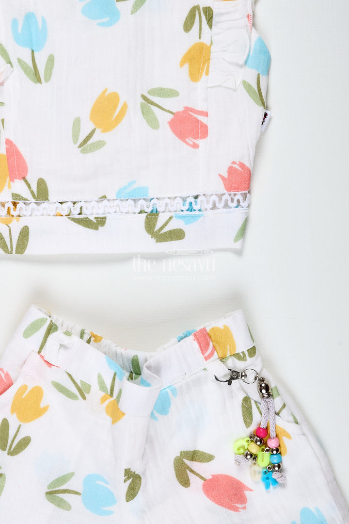 The Nesavu Baby Casual Sets Baby Girl Tulip Print Muslin Set for Sunny Day Outings Nesavu Nesavu Baby Girl Tulip Print Muslin Outfit Soft Cotton Summer Set Lace Accessories