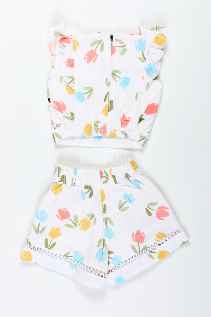The Nesavu Baby Casual Sets Baby Girl Tulip Print Muslin Set for Sunny Day Outings Nesavu Nesavu Baby Girl Tulip Print Muslin Outfit Soft Cotton Summer Set Lace Accessories