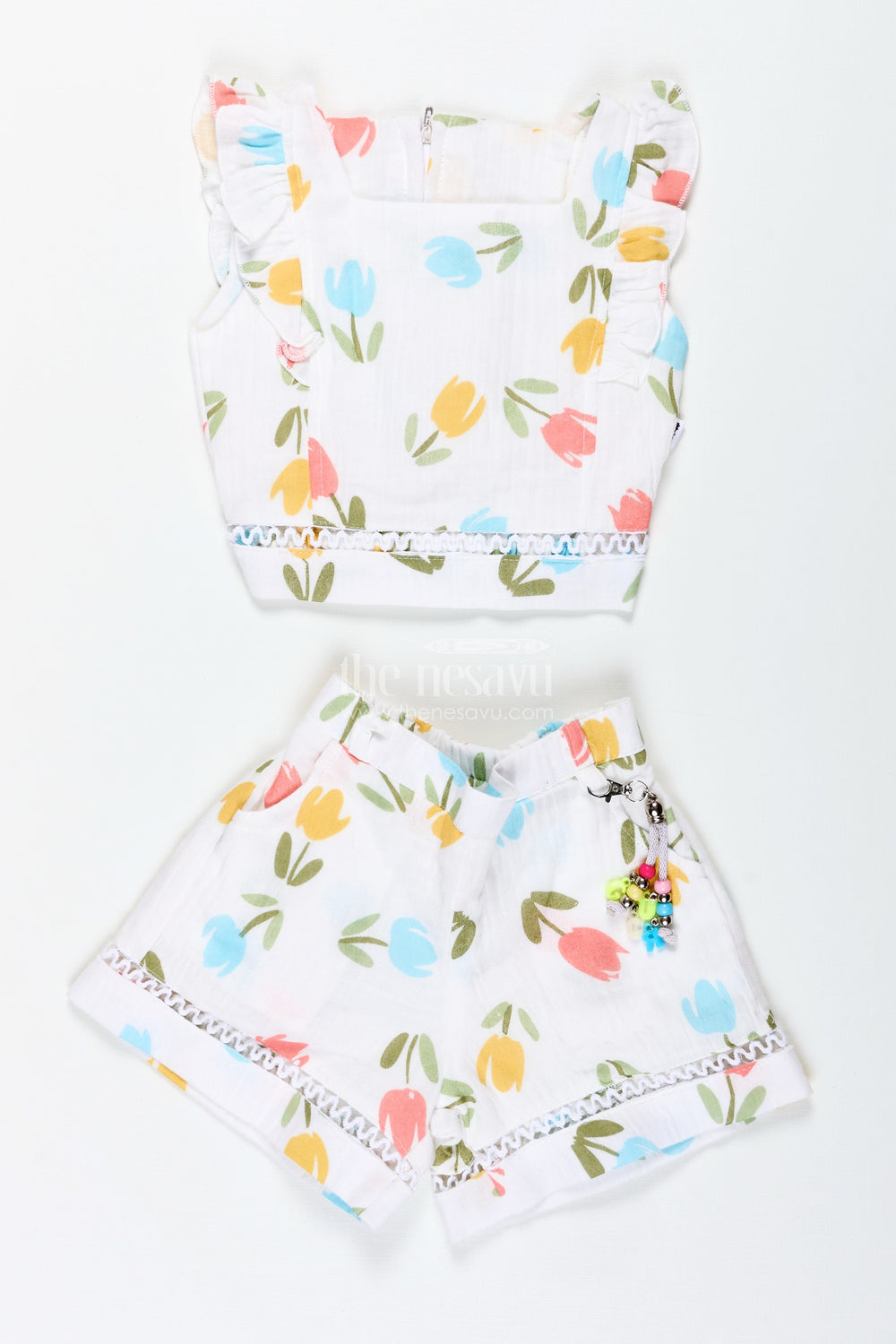 The Nesavu Baby Casual Sets Baby Girl Tulip Print Muslin Set for Sunny Day Outings Nesavu Nesavu Baby Girl Tulip Print Muslin Outfit Soft Cotton Summer Set Lace Accessories