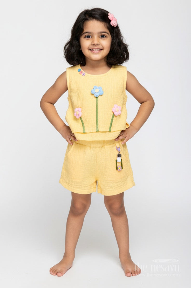 The Nesavu Baby Casual Sets Baby Girl Yellow Muslin Set with Floral Embellishment for Sunny Days Nesavu 16 (1Y) / Yellow BFJ847A-16 Nesavu Baby Girl Yellow Muslin Set Floral Embellishment Summer Casual Wear Bracelet
