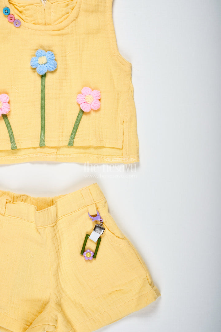 The Nesavu Baby Casual Sets Baby Girl Yellow Muslin Set with Floral Embellishment for Sunny Days Nesavu Nesavu Baby Girl Yellow Muslin Set Floral Embellishment Summer Casual Wear Bracelet