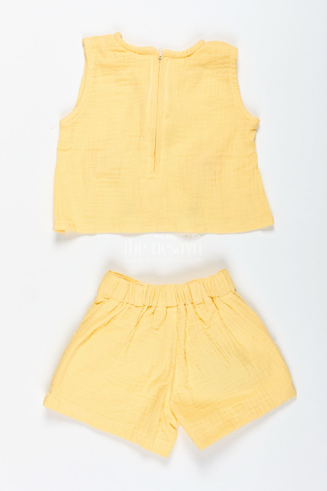 The Nesavu Baby Casual Sets Baby Girl Yellow Muslin Set with Floral Embellishment for Sunny Days Nesavu Nesavu Baby Girl Yellow Muslin Set Floral Embellishment Summer Casual Wear Bracelet
