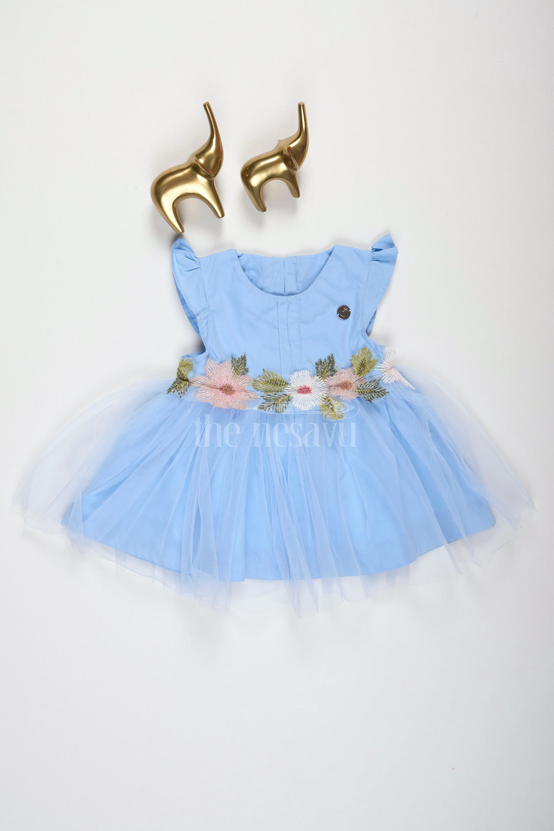 The Nesavu Girls Fancy Party Frock Baby Girls Blue Party Frock with Floral Embroidery and Tulle Overlay for Special Occasions Nesavu Nesavu Baby Girls Blue Frock Floral Embroidery Tulle Weddings Formal Events