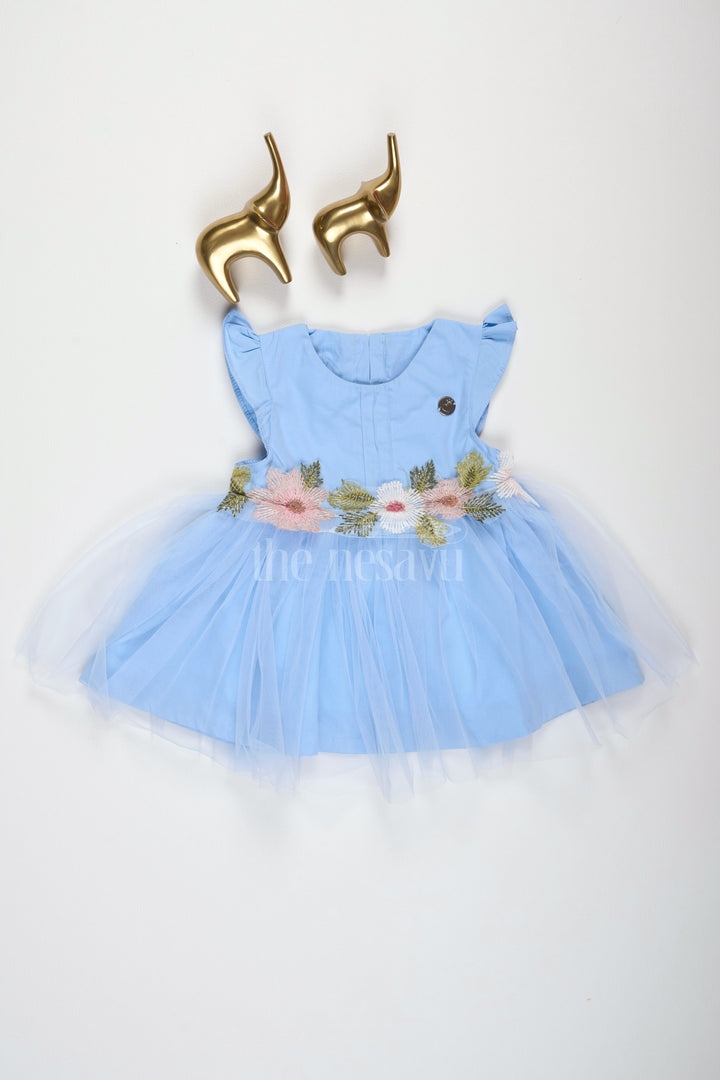 The Nesavu Girls Fancy Party Frock Baby Girls Blue Party Frock with Floral Embroidery and Tulle Overlay for Special Occasions Nesavu Nesavu Baby Girls Blue Frock Floral Embroidery Tulle Weddings Formal Events