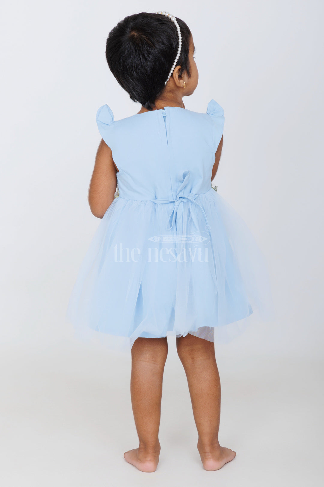 The Nesavu Girls Fancy Party Frock Baby Girls Blue Party Frock with Floral Embroidery and Tulle Overlay for Special Occasions Nesavu Nesavu Baby Girls Blue Frock Floral Embroidery Tulle Weddings Formal Events