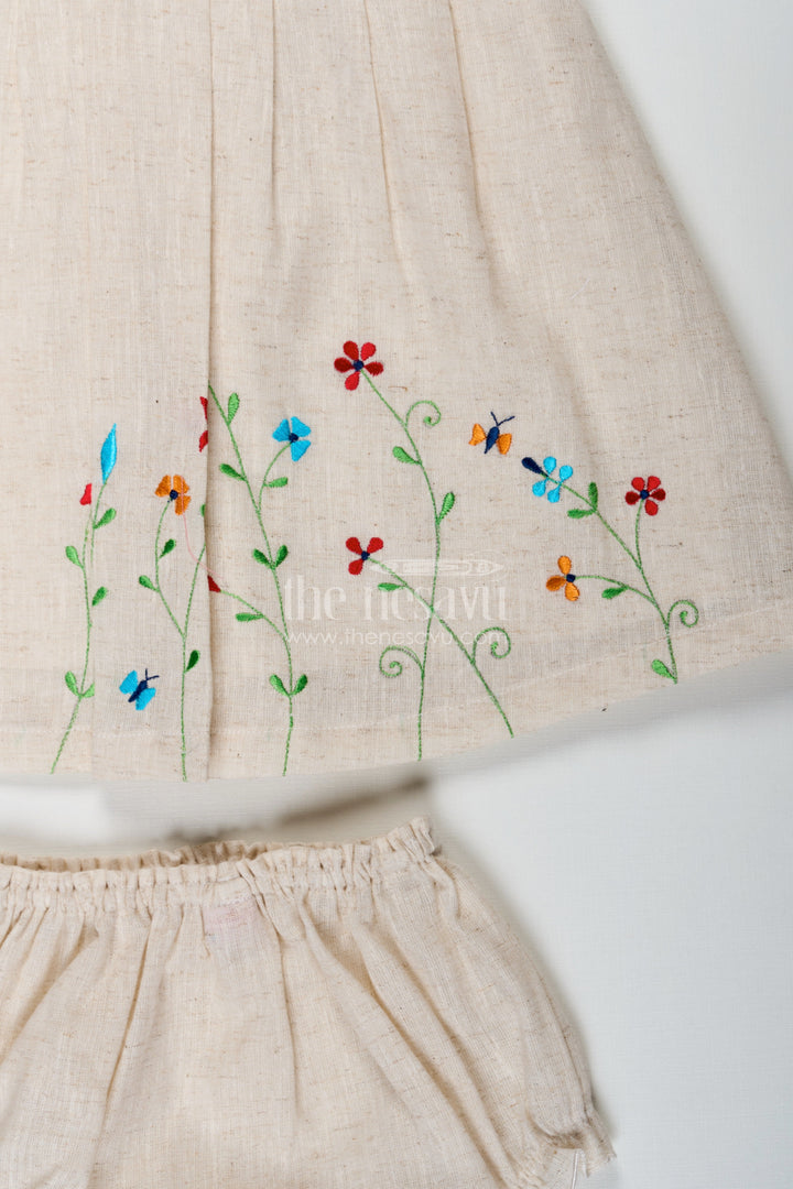 The Nesavu Baby Cotton Frocks Baby Girls Bridal Frock Designs in Cream Flax Cotton with Colorful Floral Embroidery Nesavu Bridal Frock Designs Baby Girls Cream Flax Cotton Floral Embroidery | The Nesavu