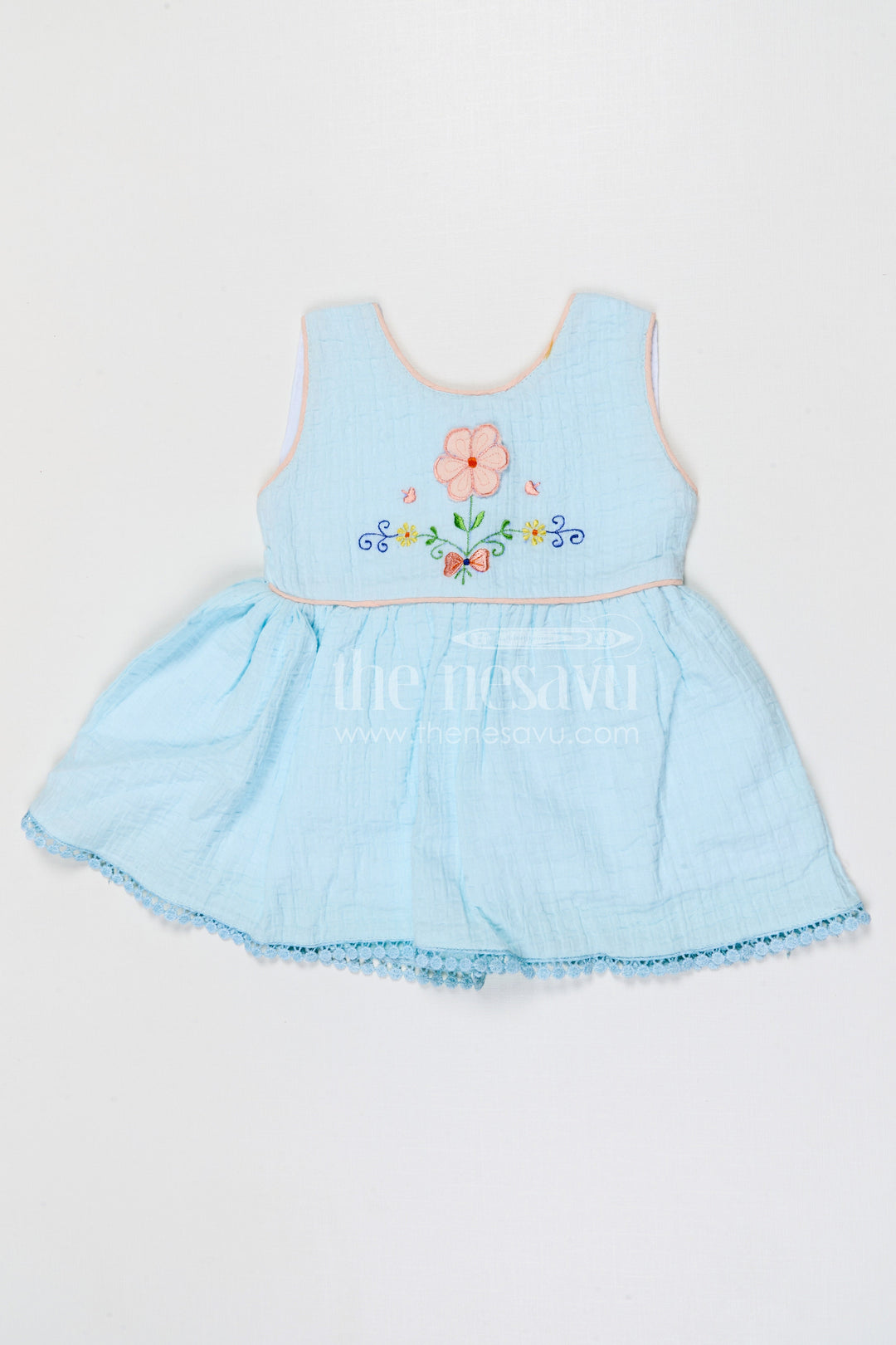 The Nesavu Baby Cotton Frocks Baby Girls Bubble Crepe and Embroidered Frock with Layered Flare Nesavu 14 (6M) / Blue / Bubble BFJ971A-14 Nesavu baby girls bubble crepe embroidered frock with layered flare design