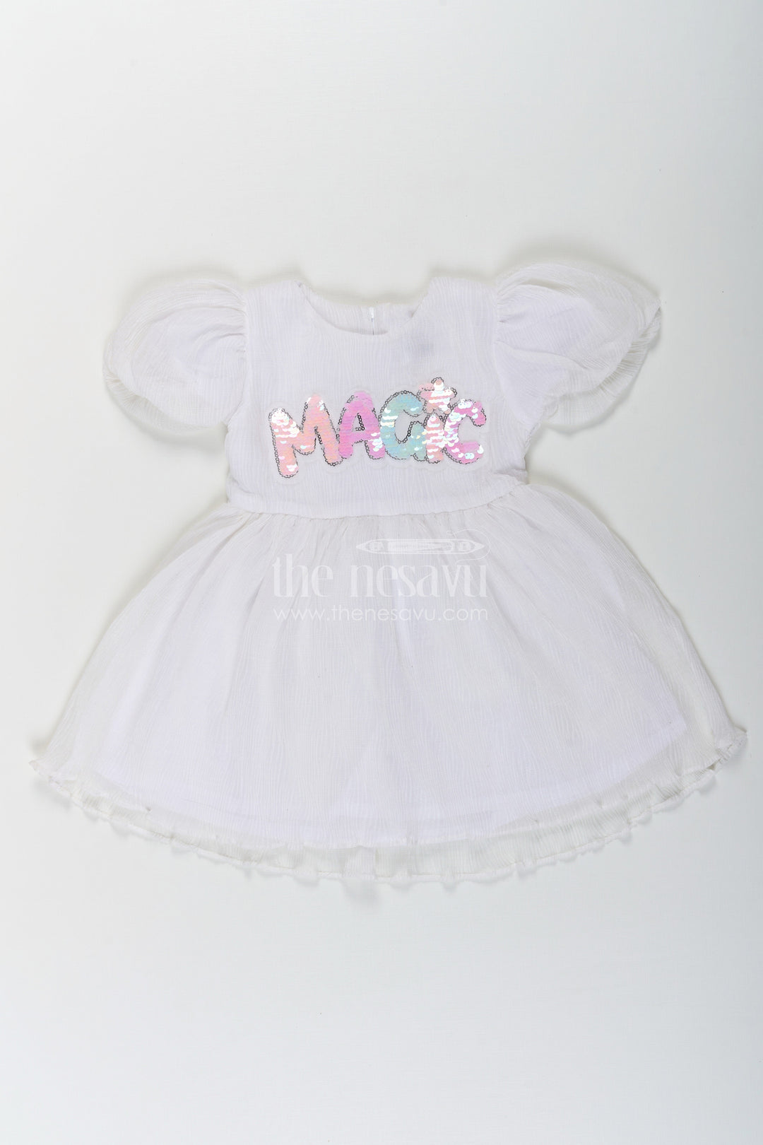 The Nesavu Baby Fancy Frock Baby Girls Chun Wala Frock in White Chinon Chiffon with Sequin Magic Letter Embroidery Nesavu 14 (6M) / White BFJ758C-14 Nesavu Baby Girls Chun Wala Frock White Chinon Chiffon Multicolor Sequin Design