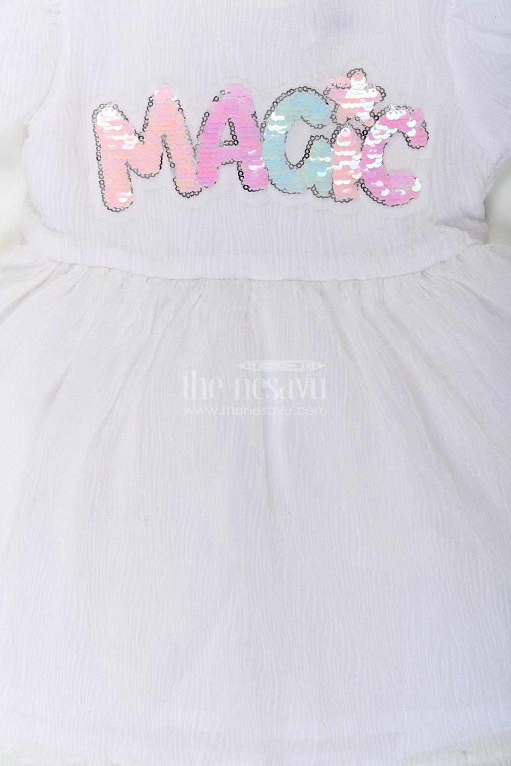 The Nesavu Baby Fancy Frock Baby Girls Chun Wala Frock in White Chinon Chiffon with Sequin Magic Letter Embroidery Nesavu Nesavu Baby Girls Chun Wala Frock White Chinon Chiffon Multicolor Sequin Design