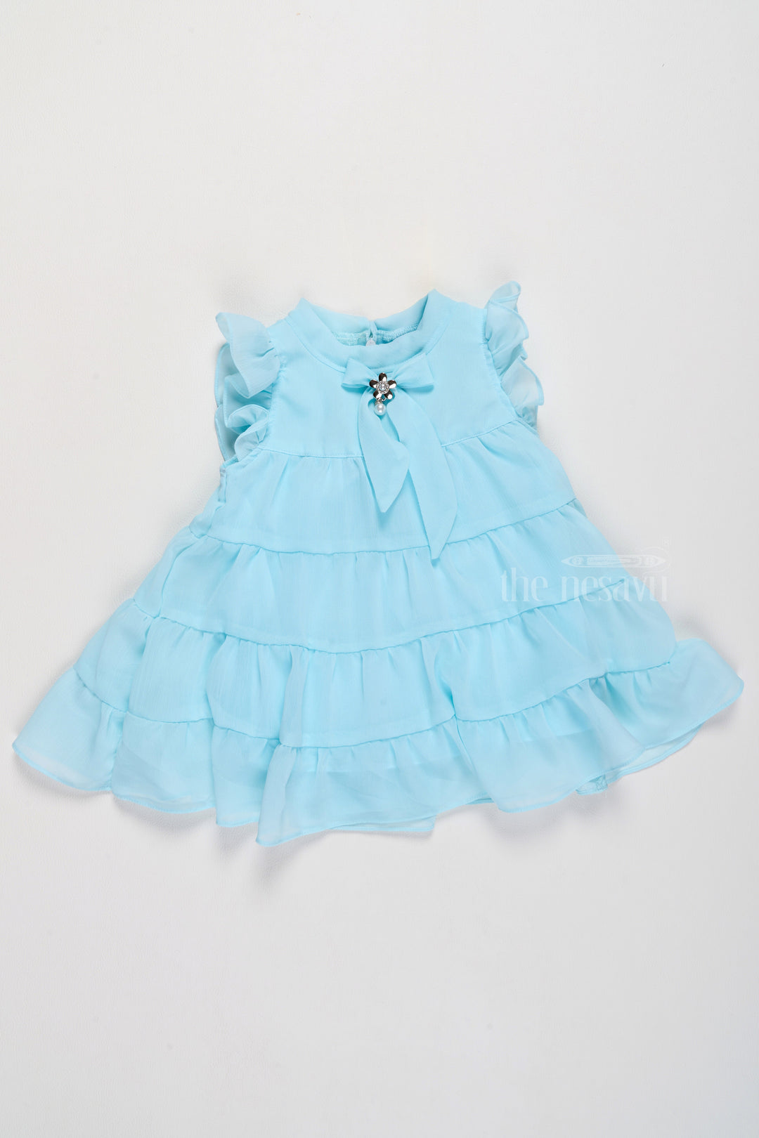 The Nesavu Girls Fancy Frock Baby Girls Clothes in Light Blue with Ruffled Layers and Bow Detail Nesavu Baby Girls Clothes Light Blue Ruffled Layers Elegant Pearl Bow Detail | The Nesavu