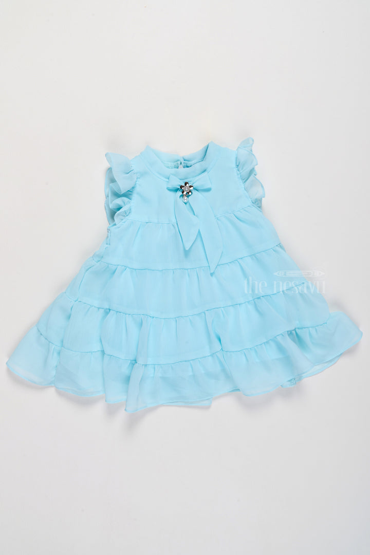 The Nesavu Girls Fancy Frock Baby Girls Clothes in Light Blue with Ruffled Layers and Bow Detail Nesavu Baby Girls Clothes Light Blue Ruffled Layers Elegant Pearl Bow Detail | The Nesavu
