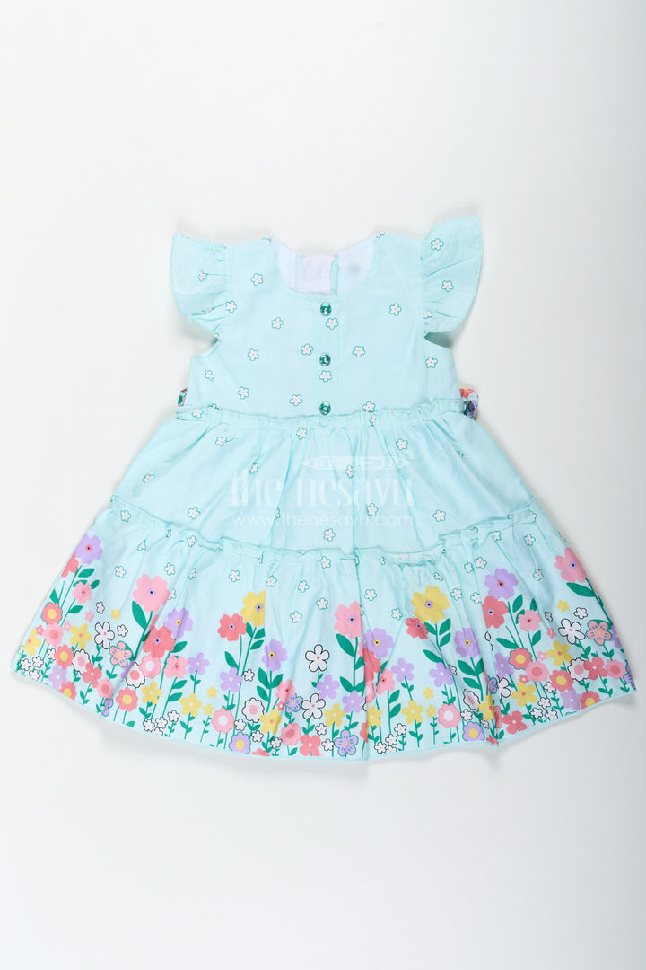 The Nesavu Baby Cotton Frocks Baby Girls Cotton Eid Frock with Pastel Green Tone and Bright Floral Border for Festive Comfort Nesavu 14 (6M) / Blue BFJ748B-14 Baby Girls Eid Frock Cotton Colorful Floral Border Festive Green Hue | The Nesavu