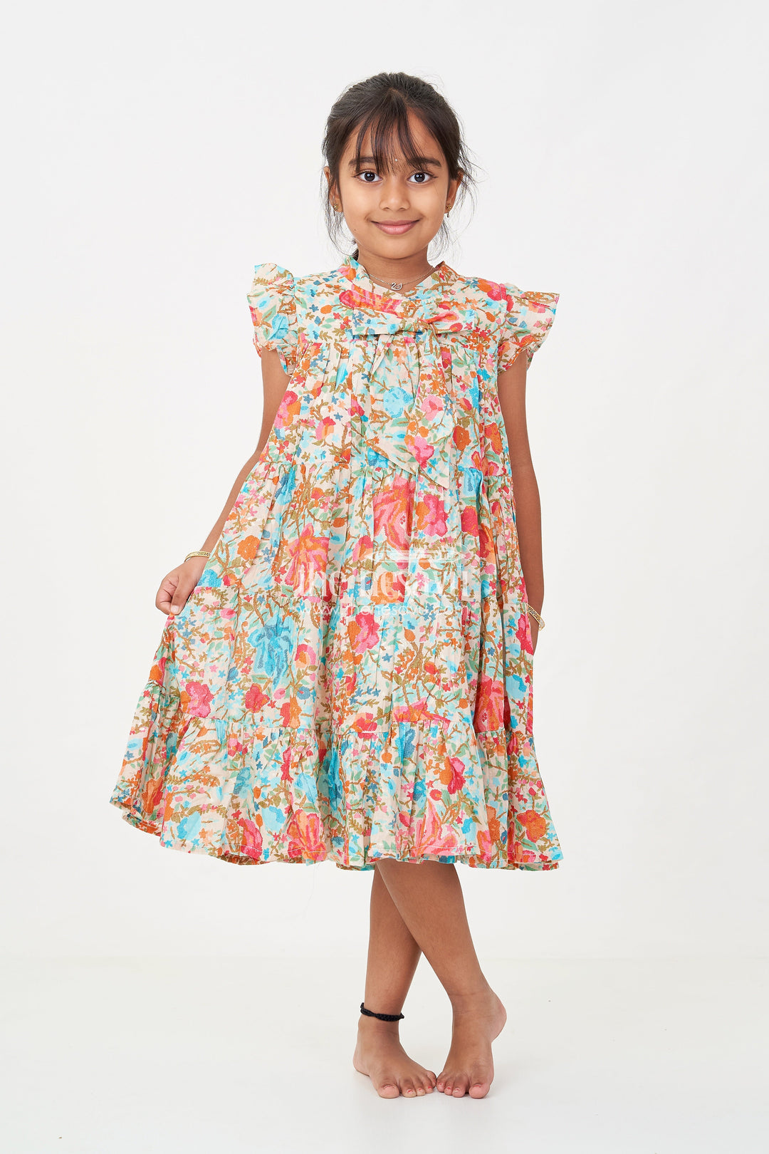 The Nesavu Girls Cotton Frock Baby Girls Cotton Frock in Floral Digital Print with Ruffle Sleeves and Front Bow Nesavu 18 (2Y) / Multicolor GFC1701A-18 Baby Girls Cotton Frock Colorful Floral Digital Print Ruffle Sleeve Design | The Nesavu