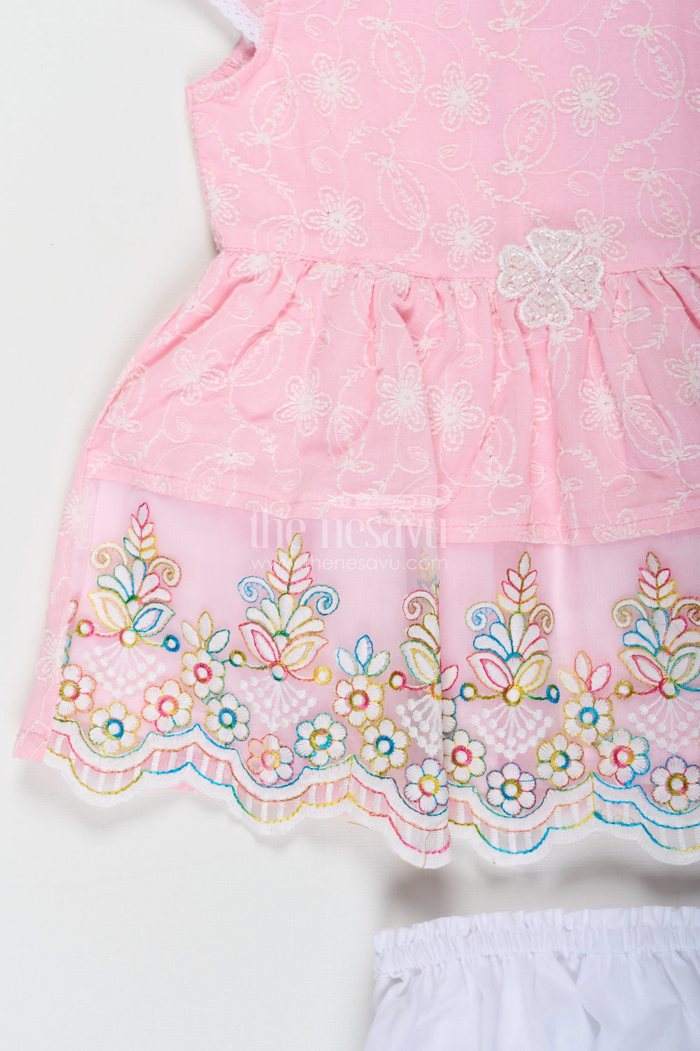 The Nesavu Baby Cotton Frocks Baby Girls Cotton Ki Frock Suit in Chikan Embroidery with Floral Lace Design and Bloomer Nesavu 18 (2Y) / Pink BFJ744B-18 Nesavu Baby Girls Cotton Ki Frock Suit Chikan Embroidery Floral Lace Design