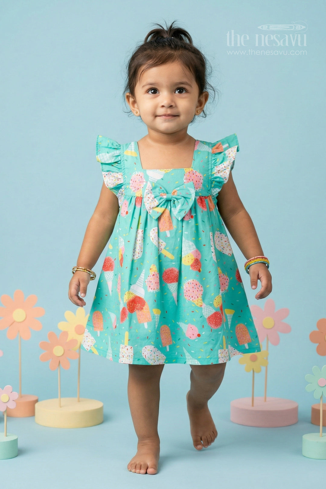 The Nesavu Baby Cotton Frocks Baby Girls Cotton Printed Frock with Fun Ice Cream Design Nesavu 14 (6M) / Turquoise / Cotton BFJ966A-14 Nesavu baby girls cotton frock with ice cream digital print for summer outings and casual wear