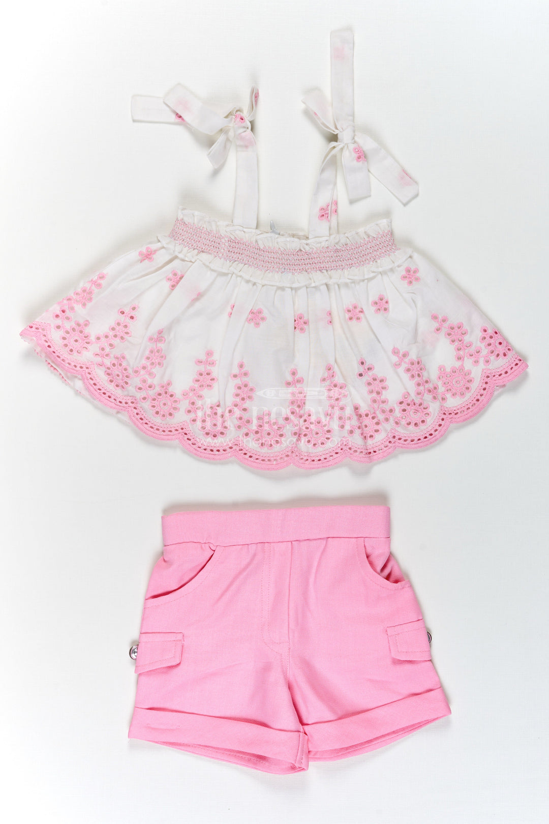 The Nesavu Baby Cotton Frocks Baby Girls Cotton Sparkly Light Pink Dress with Hakoba Embroidery and Sleeveless Bow-Tied Top Nesavu 18 (2Y) / Pink BFJ762A-18 Baby Girls Sparkly Light Pink Cotton Dress Hakoba Embroidered Top Shorts | The Nesavu