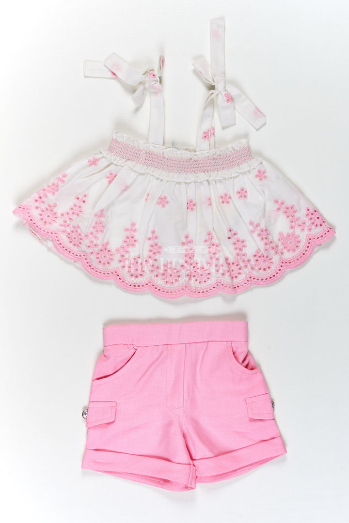 The Nesavu Baby Cotton Frocks Baby Girls Cotton Sparkly Light Pink Dress with Hakoba Embroidery and Sleeveless Bow-Tied Top Nesavu 18 (2Y) / Pink BFJ762A-18 Baby Girls Sparkly Light Pink Cotton Dress Hakoba Embroidered Top Shorts | The Nesavu