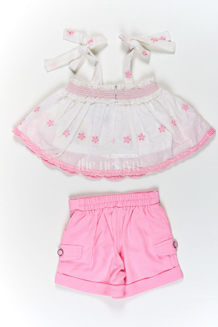 The Nesavu Baby Cotton Frocks Baby Girls Cotton Sparkly Light Pink Dress with Hakoba Embroidery and Sleeveless Bow-Tied Top Nesavu Baby Girls Sparkly Light Pink Cotton Dress Hakoba Embroidered Top Shorts | The Nesavu
