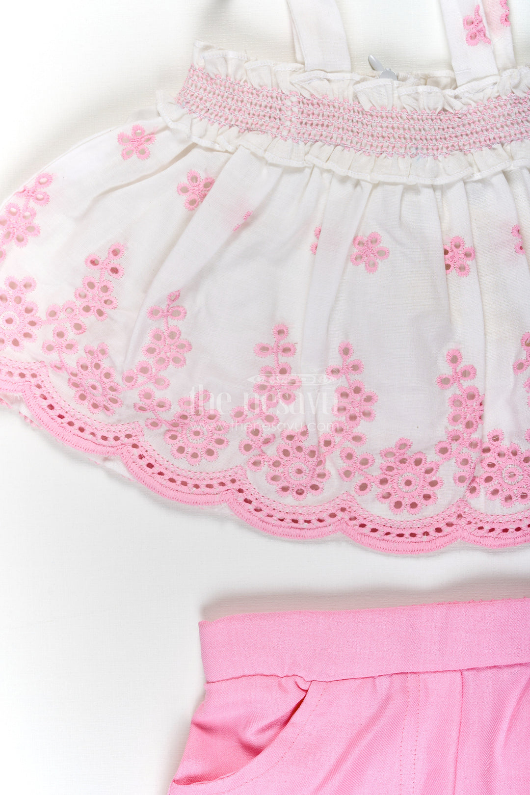 The Nesavu Baby Cotton Frocks Baby Girls Cotton Sparkly Light Pink Dress with Hakoba Embroidery and Sleeveless Bow-Tied Top Nesavu Baby Girls Sparkly Light Pink Cotton Dress Hakoba Embroidered Top Shorts | The Nesavu