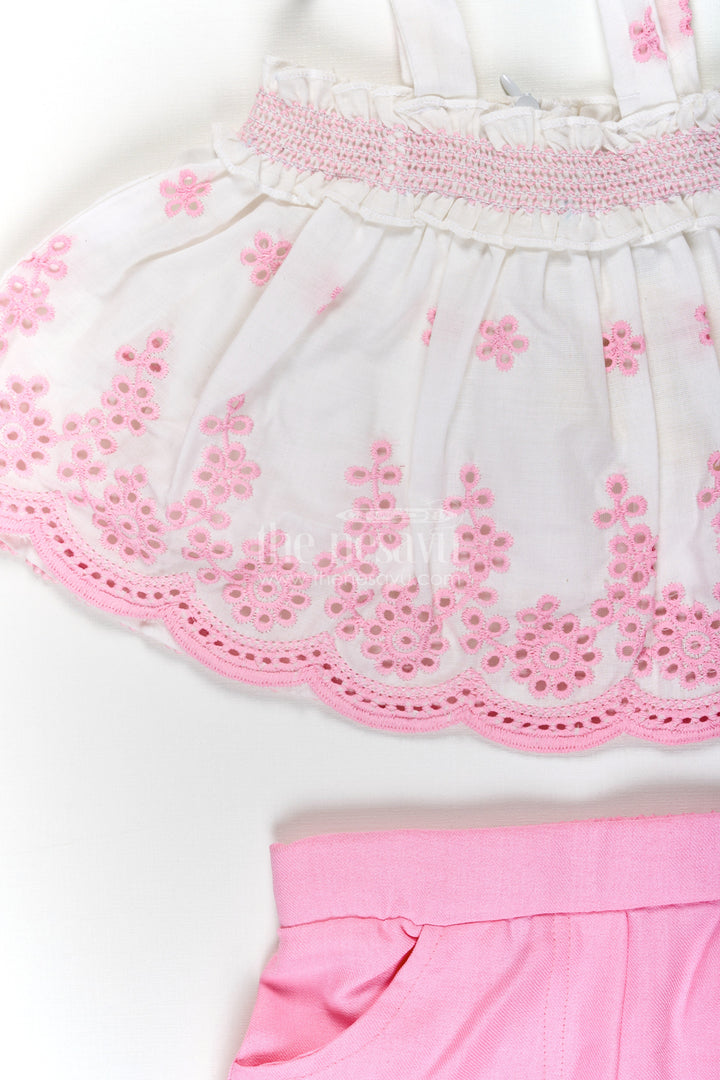 The Nesavu Baby Cotton Frocks Baby Girls Cotton Sparkly Light Pink Dress with Hakoba Embroidery and Sleeveless Bow-Tied Top Nesavu Baby Girls Sparkly Light Pink Cotton Dress Hakoba Embroidered Top Shorts | The Nesavu