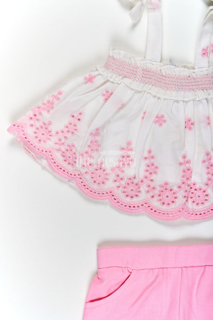 The Nesavu Baby Cotton Frocks Baby Girls Cotton Sparkly Light Pink Dress with Hakoba Embroidery and Sleeveless Bow-Tied Top Nesavu Baby Girls Sparkly Light Pink Cotton Dress Hakoba Embroidered Top Shorts | The Nesavu