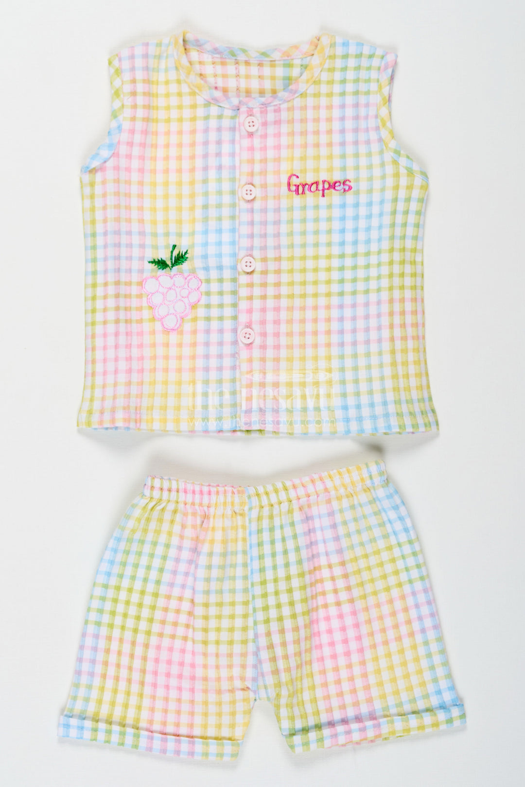 The Nesavu Baby Cotton Frocks Baby Girls Cotton Two Piece Dress Set with Multicolor Checkered Print and Embroidered Grape Motif Nesavu 10 (NB) / Multicolor BFJ749A-10 Baby Girls Two Piece Cotton Dress Set Checkered Pastel Print Embroidered Motif | The Nesavu