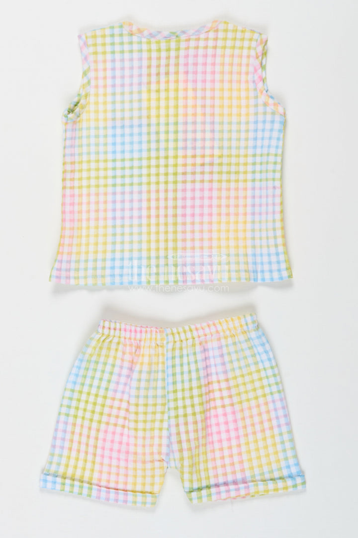 The Nesavu Baby Cotton Frocks Baby Girls Cotton Two Piece Dress Set with Multicolor Checkered Print and Embroidered Grape Motif Nesavu Baby Girls Two Piece Cotton Dress Set Checkered Pastel Print Embroidered Motif | The Nesavu