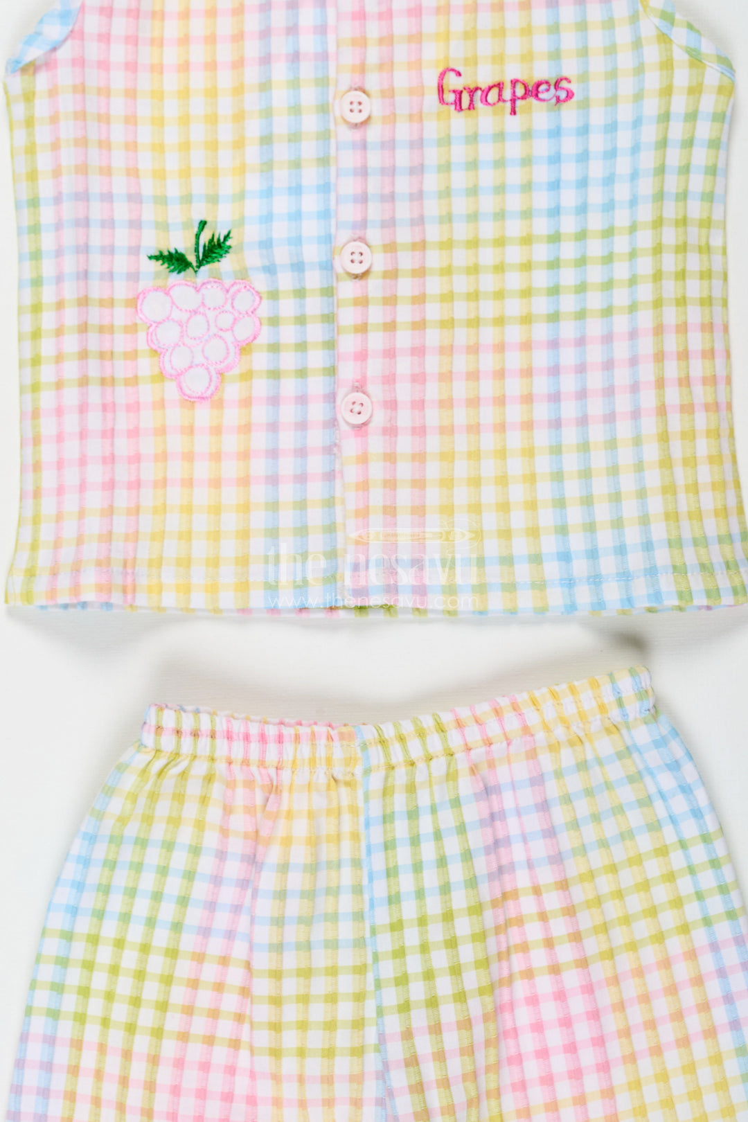 The Nesavu Baby Cotton Frocks Baby Girls Cotton Two Piece Dress Set with Multicolor Checkered Print and Embroidered Grape Motif Nesavu Baby Girls Two Piece Cotton Dress Set Checkered Pastel Print Embroidered Motif | The Nesavu