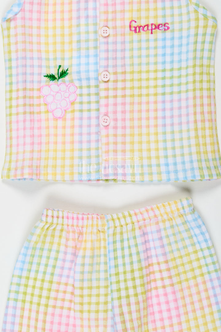 The Nesavu Baby Cotton Frocks Baby Girls Cotton Two Piece Dress Set with Multicolor Checkered Print and Embroidered Grape Motif Nesavu Baby Girls Two Piece Cotton Dress Set Checkered Pastel Print Embroidered Motif | The Nesavu