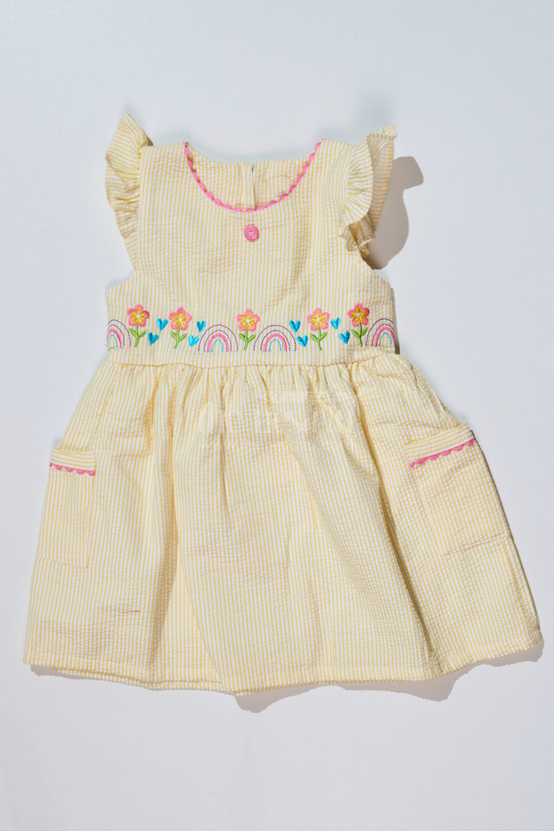 The Nesavu Baby Cotton Frocks Baby Girls Cotton Yellow Frock in Seer Sucker Fabric with Embroidery and Pockets Nesavu 14 (6M) / Yellow BFJ717B-14 Baby Girls Cotton Yellow Frock Seer Sucker Fabric Embroidery Pockets | The Nesavu