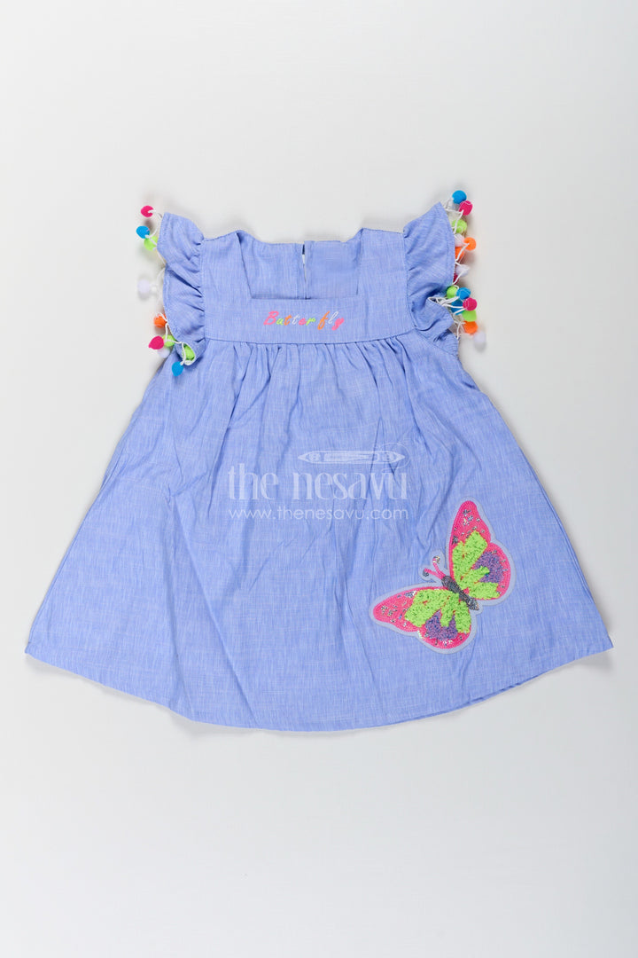The Nesavu Baby Cotton Frocks Baby Girls Dark Blue Frock with Butterfly Patch and Pom Pom Sleeves in Cotton Blend Nesavu 14 (6M) / Blue BFJ759A-14 Baby Girls Dark Blue Frock Cotton Blend Butterfly Patch Pom Pom Embroidery | The Nesavu