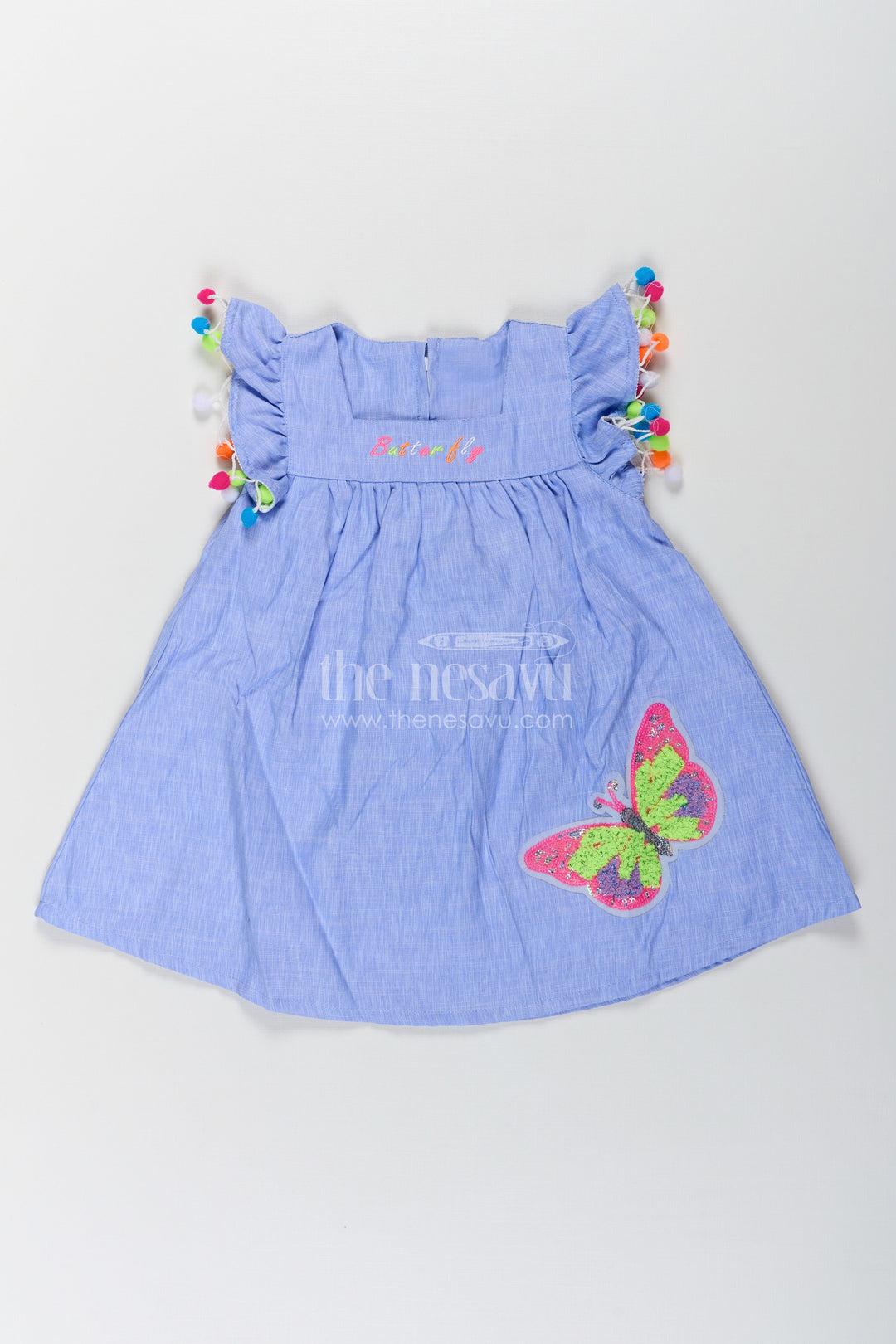 The Nesavu Baby Cotton Frocks Baby Girls Dark Blue Frock with Butterfly Patch and Pom Pom Sleeves in Cotton Blend Nesavu 14 (6M) / Blue BFJ759A-14 Nesavu Baby Girls Dark Blue Frock Cotton Blend Butterfly Patch Pom Pom Embroidery