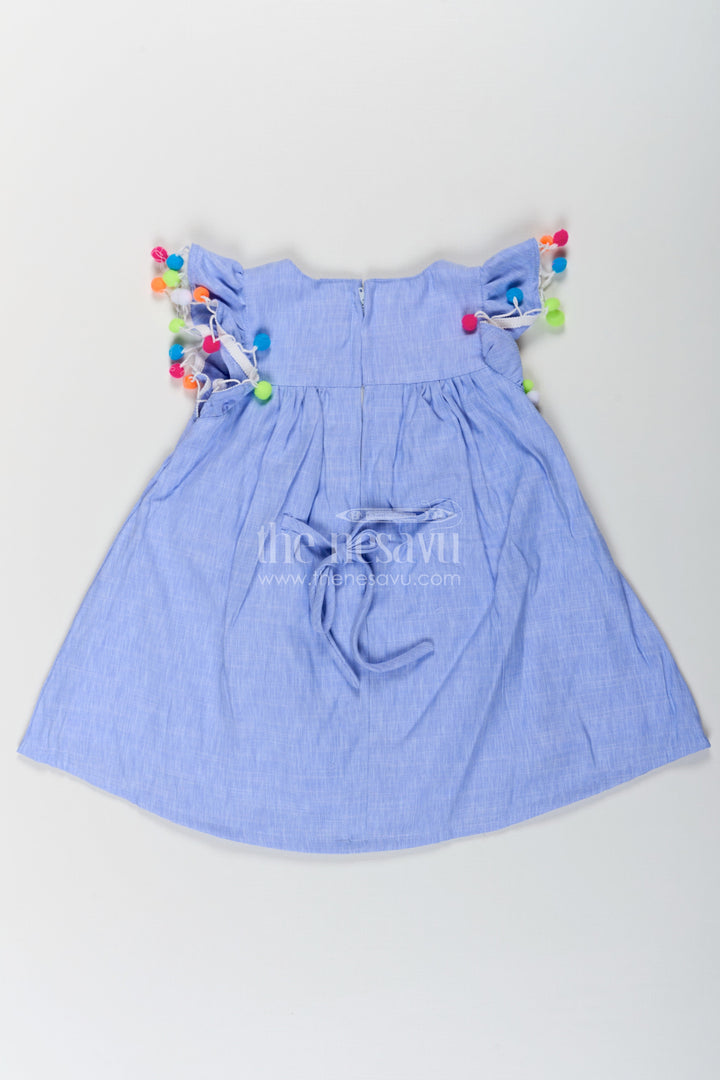 The Nesavu Baby Cotton Frocks Baby Girls Dark Blue Frock with Butterfly Patch and Pom Pom Sleeves in Cotton Blend Nesavu Baby Girls Dark Blue Frock Cotton Blend Butterfly Patch Pom Pom Embroidery | The Nesavu