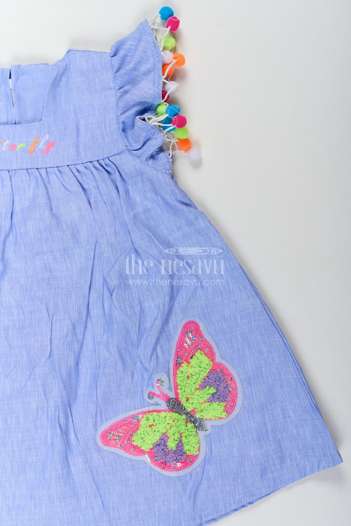 The Nesavu Baby Cotton Frocks Baby Girls Dark Blue Frock with Butterfly Patch and Pom Pom Sleeves in Cotton Blend Nesavu Baby Girls Dark Blue Frock Cotton Blend Butterfly Patch Pom Pom Embroidery | The Nesavu
