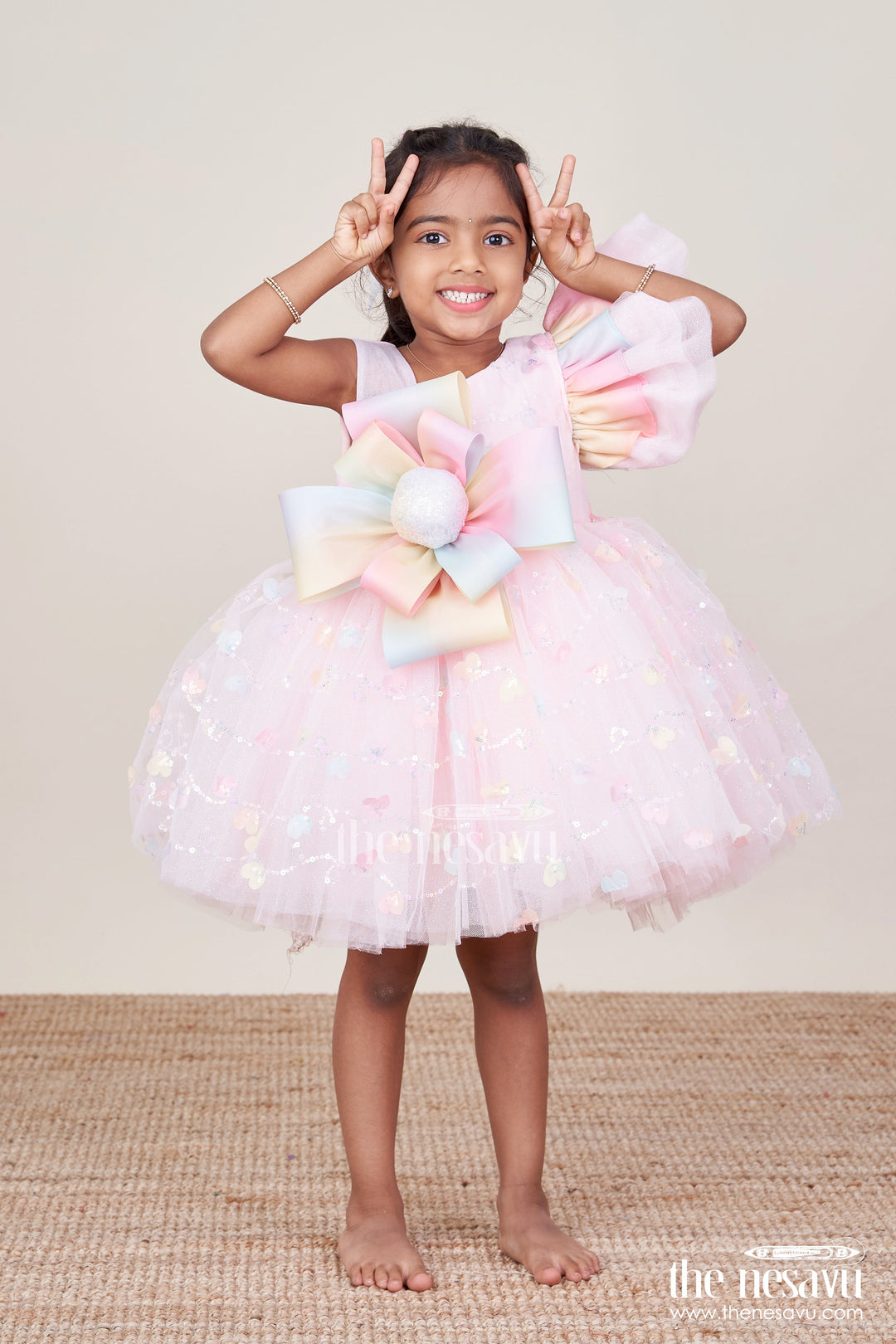 The Nesavu Girls Fancy Party Frock Baby Girls Fancy Frock with Sequins for Birthday Parties Nesavu 16 (1Y) / Peach PF280A-16 Nesavu fancy frock baby girls sequins bow detail birthdays