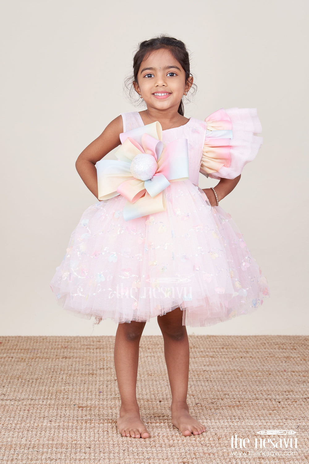 The Nesavu Girls Fancy Party Frock Baby Girls Fancy Frock with Sequins for Birthday Parties Nesavu Nesavu fancy frock baby girls sequins bow detail birthdays