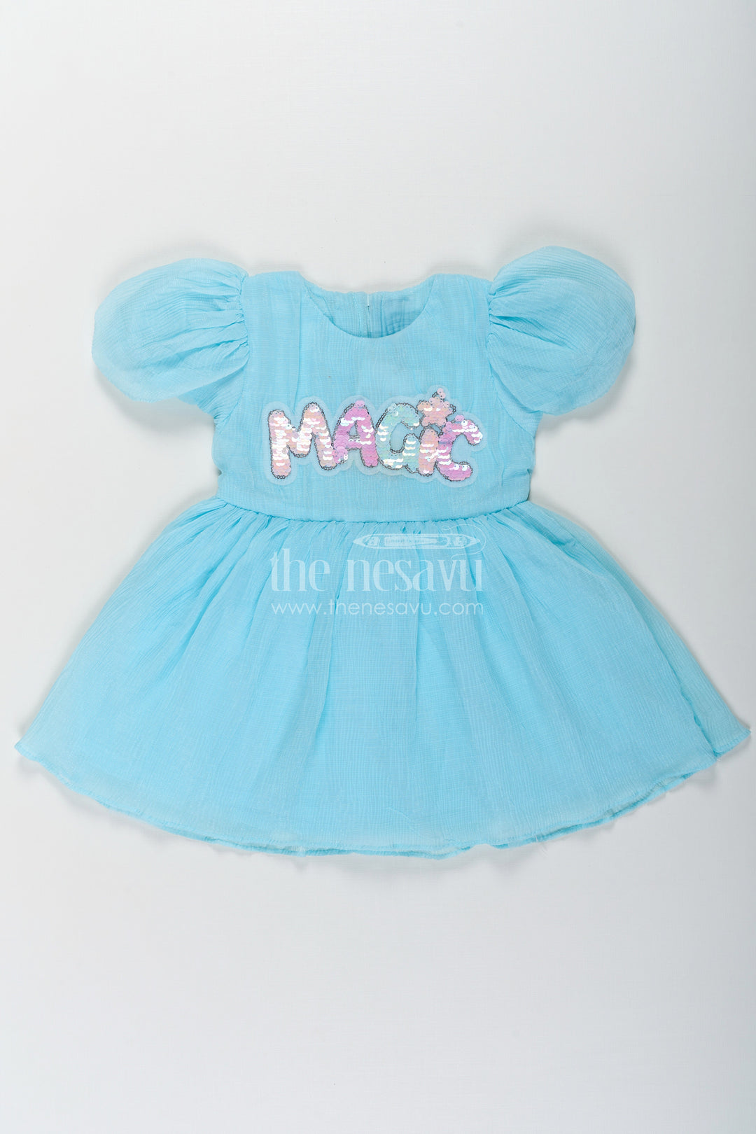 The Nesavu Baby Fancy Frock Baby Girls Floral Organza Frock in Chinon Chiffon with Puff Sleeves and Magic Sequin Embroidery Nesavu 14 (6M) / Blue BFJ758A-14 Baby Girls Floral Organza Frock Chinon Chiffon Magic Sequin Embroidery | The Nesavu