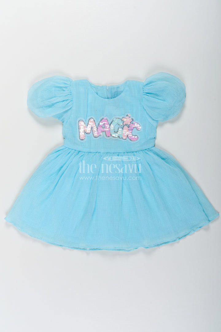 The Nesavu Baby Fancy Frock Baby Girls Floral Organza Frock in Chinon Chiffon with Puff Sleeves and Magic Sequin Embroidery Nesavu 14 (6M) / Blue BFJ758A-14 Baby Girls Floral Organza Frock Chinon Chiffon Magic Sequin Embroidery | The Nesavu