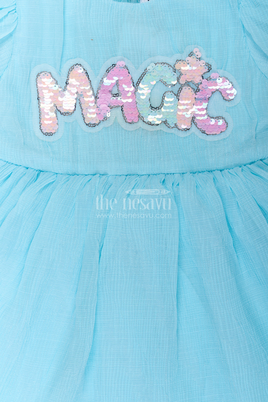 The Nesavu Baby Fancy Frock Baby Girls Floral Organza Frock in Chinon Chiffon with Puff Sleeves and Magic Sequin Embroidery Nesavu Baby Girls Floral Organza Frock Chinon Chiffon Magic Sequin Embroidery | The Nesavu