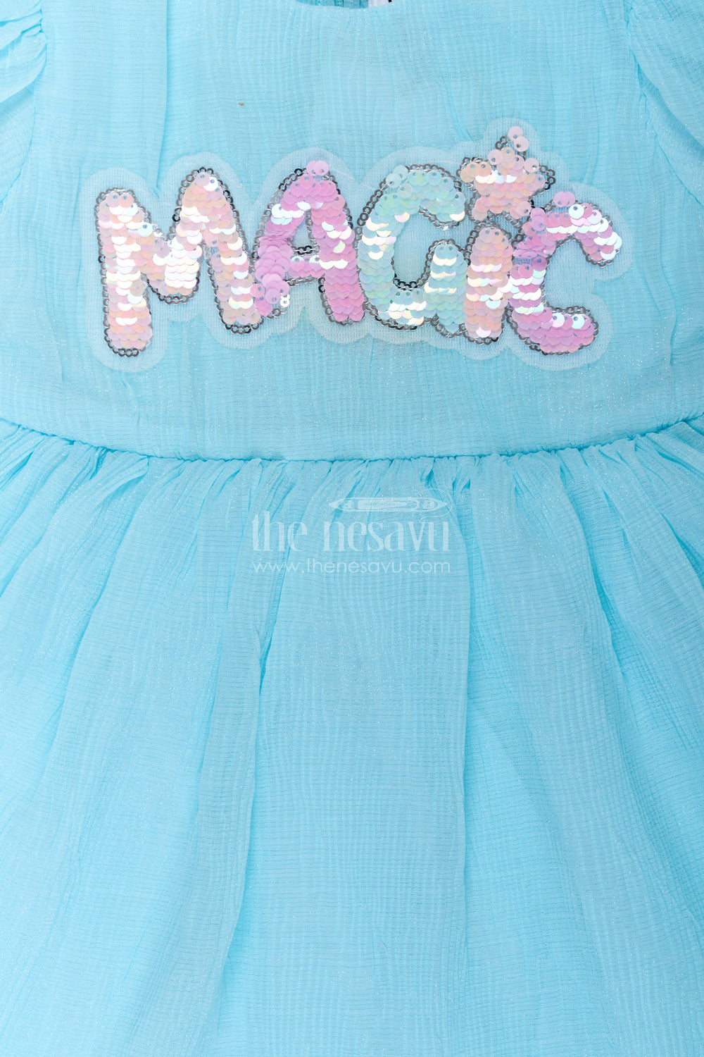 The Nesavu Baby Fancy Frock Baby Girls Floral Organza Frock in Chinon Chiffon with Puff Sleeves and Magic Sequin Embroidery Nesavu Nesavu Baby Girls Floral Organza Frock Chinon Chiffon Magic Sequin Embroidery