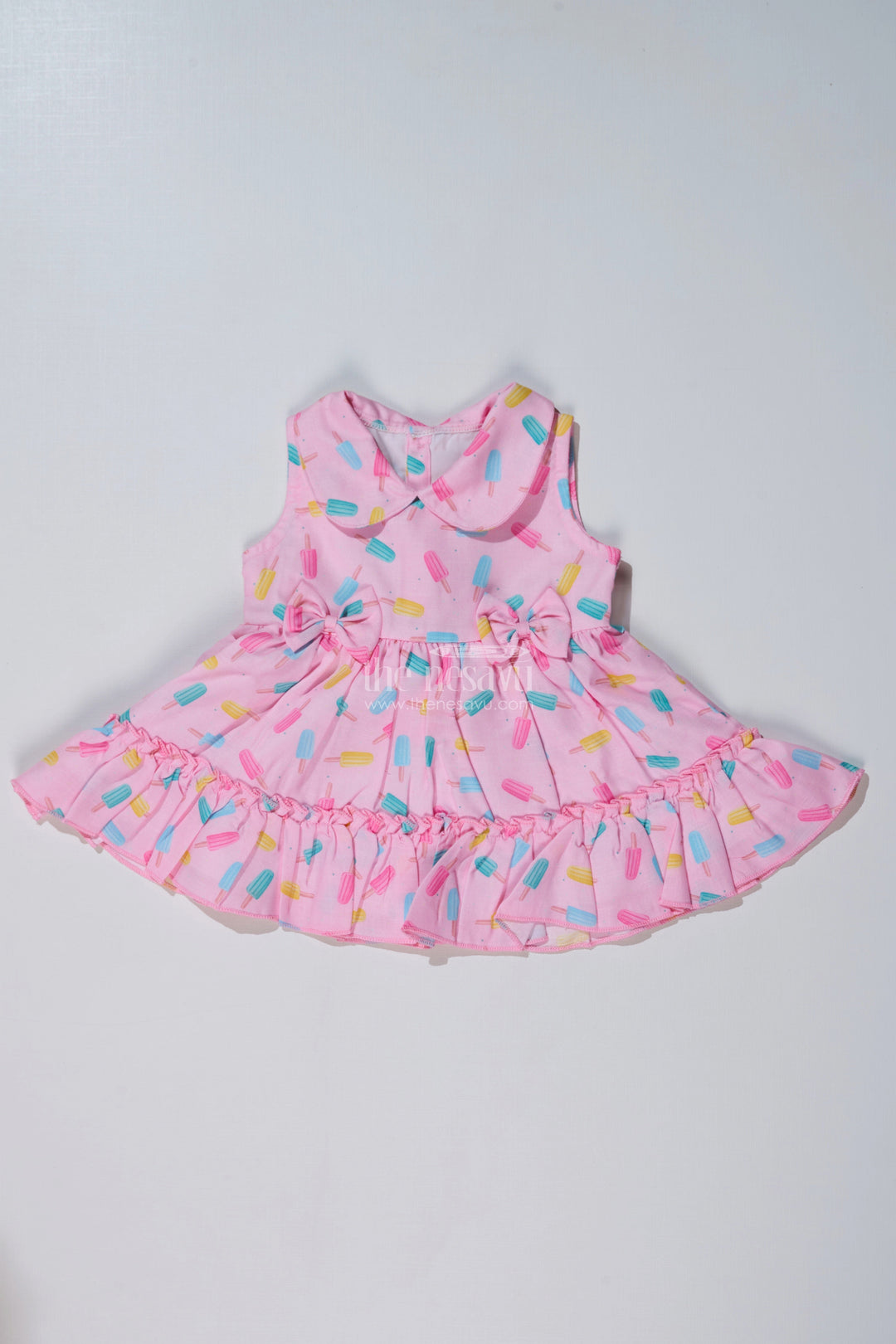 The Nesavu Baby Cotton Frocks Baby Girls Floral Party Frocks with Ice Cream Print and Ruffled Hem for a Playful Look Nesavu 12 (3M) / Pink BFJ742A-12 Baby Girls Floral Party Frocks Ice Cream Print Ruffled Hem Cute Outfits | The Nesavu