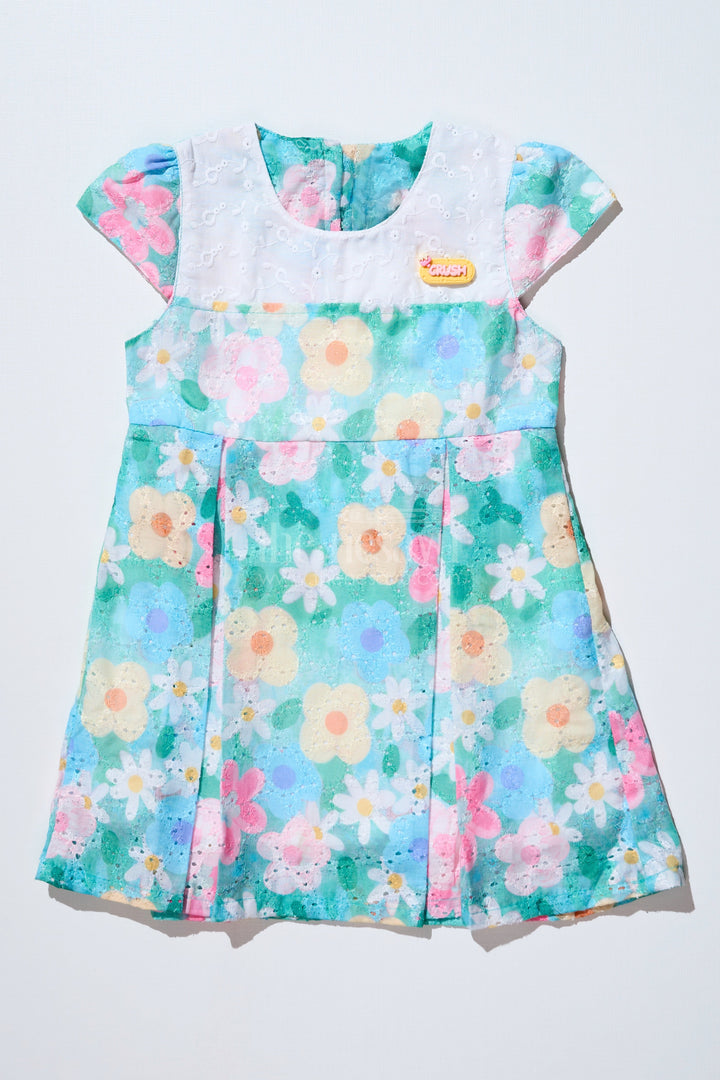 The Nesavu Baby Cotton Frocks Baby Girls Floral Print Frock in Chikankari Cotton with Digital Prints and Lace Yoke Nesavu 14 (6M) / Green BFJ720A-14 Baby Girls Floral Print Frock Chikankari Cotton Digital Prints Lace Yoke | The Nesavu