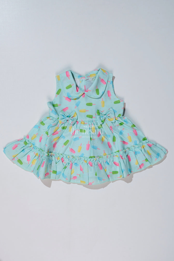 The Nesavu Baby Cotton Frocks Baby Girls Floral Print Short Frock with Ice Cream Motifs and Ruffled Hem for Everyday Style Nesavu 12 (3M) / Green BFJ742C-12 Baby Girls Floral Print Short Frock Ice Cream Motifs Ruffled Hem | The Nesavu
