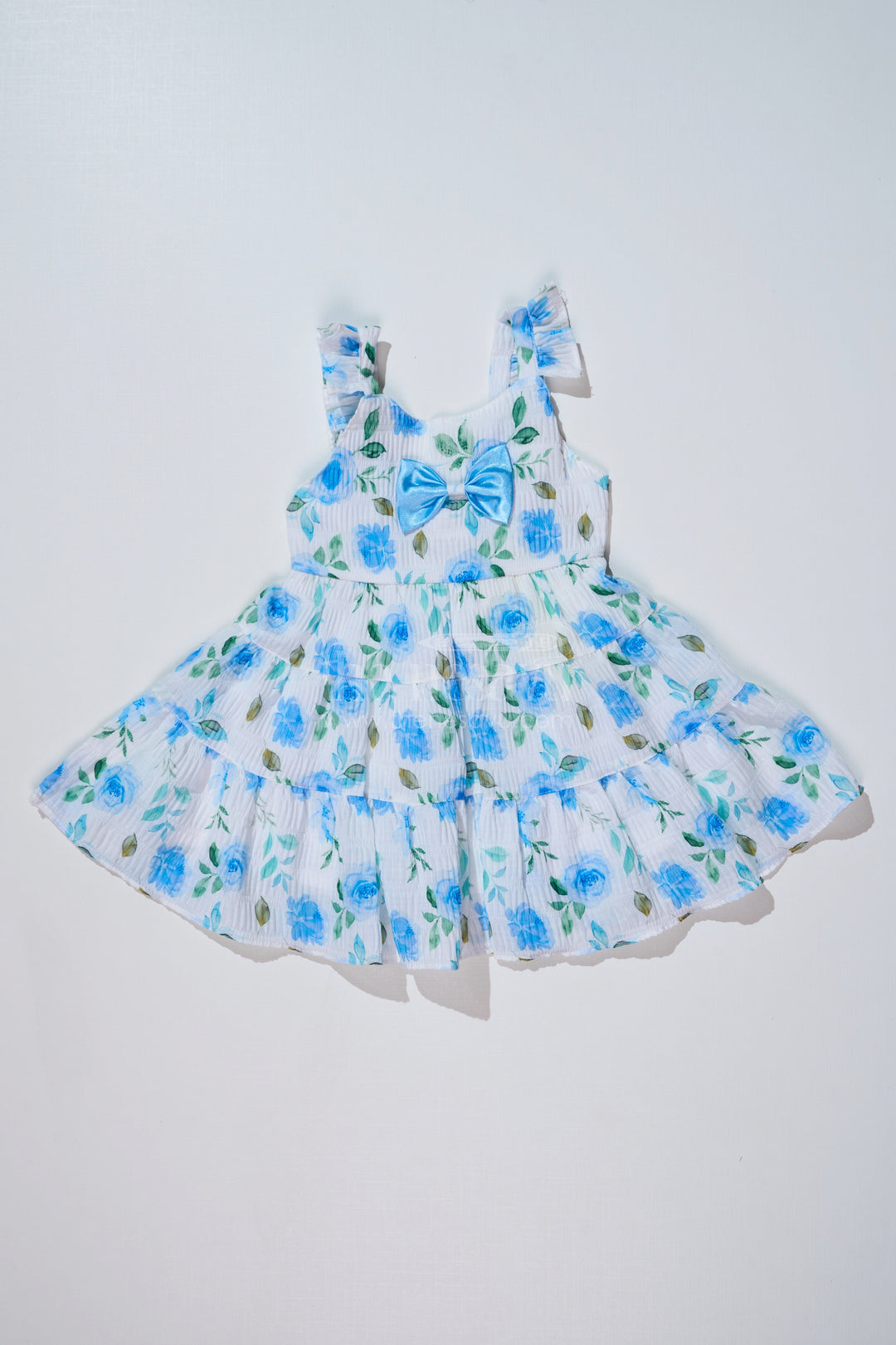 The Nesavu Baby Fancy Frock Baby Girls Floral Printed Frock in Blended Silk Popcorn Fabric with Bow Detail Nesavu 14 (6M) / Blue BFJ718A-14 Baby Girls Floral Printed Frock Blended Silk Popcorn Fabric Bow | The Nesavu