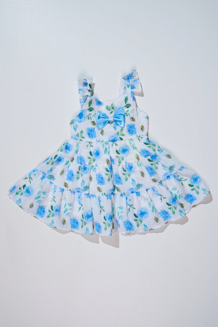 The Nesavu Baby Fancy Frock Baby Girls Floral Printed Frock in Blended Silk Popcorn Fabric with Bow Detail Nesavu 14 (6M) / Blue BFJ718A-14 Baby Girls Floral Printed Frock Blended Silk Popcorn Fabric Bow | The Nesavu