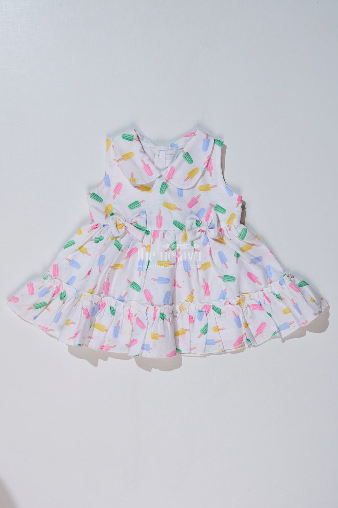 The Nesavu Baby Cotton Frocks Baby Girls Floral Summer Frock with Ice Cream Print and Soft Cotton Blend Fabric for a Breezy Look Nesavu 12 (3M) / White BFJ742B-12 Baby Girls Floral Summer Frock Ice Cream Print Cotton Blend Fabric | The Nesavu