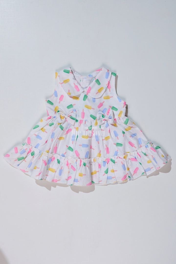 The Nesavu Baby Cotton Frocks Baby Girls Floral Summer Frock with Ice Cream Print and Soft Cotton Blend Fabric for a Breezy Look Nesavu 12 (3M) / White BFJ742B-12 Baby Girls Floral Summer Frock Ice Cream Print Cotton Blend Fabric | The Nesavu