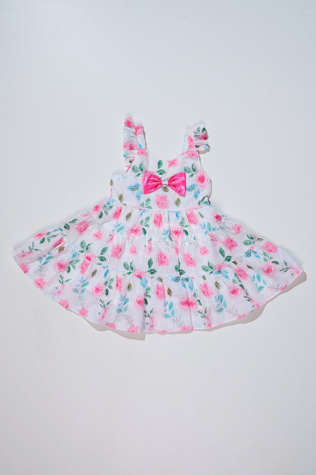The Nesavu Baby Fancy Frock Baby Girls Frock for Birthday Party in Blended Silk Popcorn Fabric with Floral Print and Satin Bow Nesavu 14 (6M) / Pink BFJ718B-14 Baby Girls Frock Birthday Party Blended Silk Popcorn Fabric Floral Print | The Nesavu